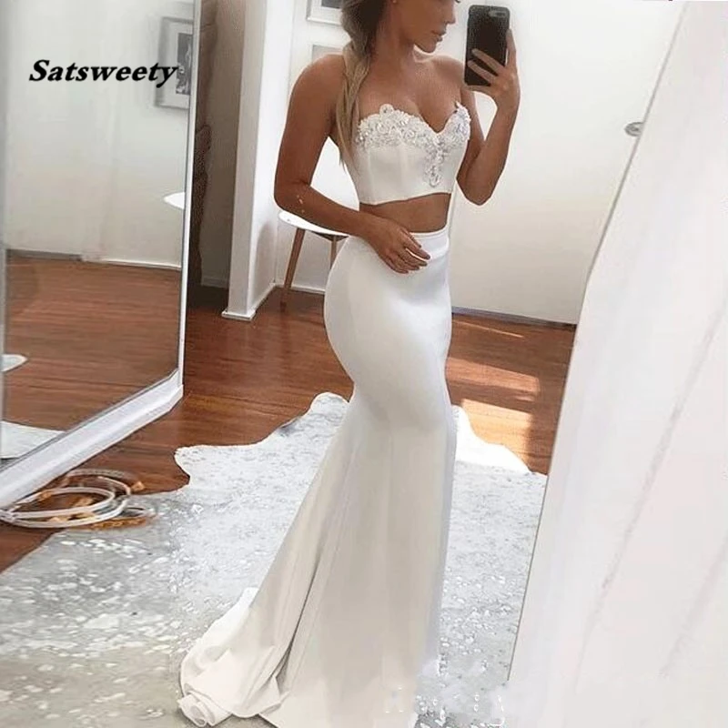 

Satsweety White Two Pieces Stain Mermaid Prom Dress 2019 Stain Strapless Long Sleeve Floor Length Evening Gowns With Lace