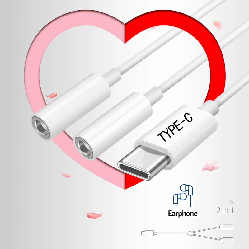 

Type-C to 3.5mm Jack Double Earphone Audio Adapter 2 In 1 For Couple Share For Huawei mate 20 P30 pro Xiaomi Mi 8 9 Audio cable