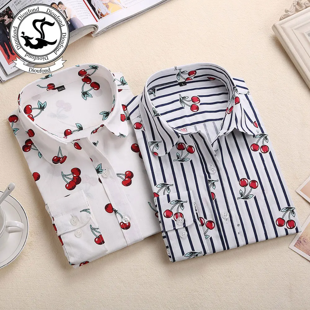 Dioufond New Floral Long Sleeve Vintage Blouse Cherry Turn Down Collar Shirt Blusas Feminino Ladies Blouses Womens  Tops Fashion