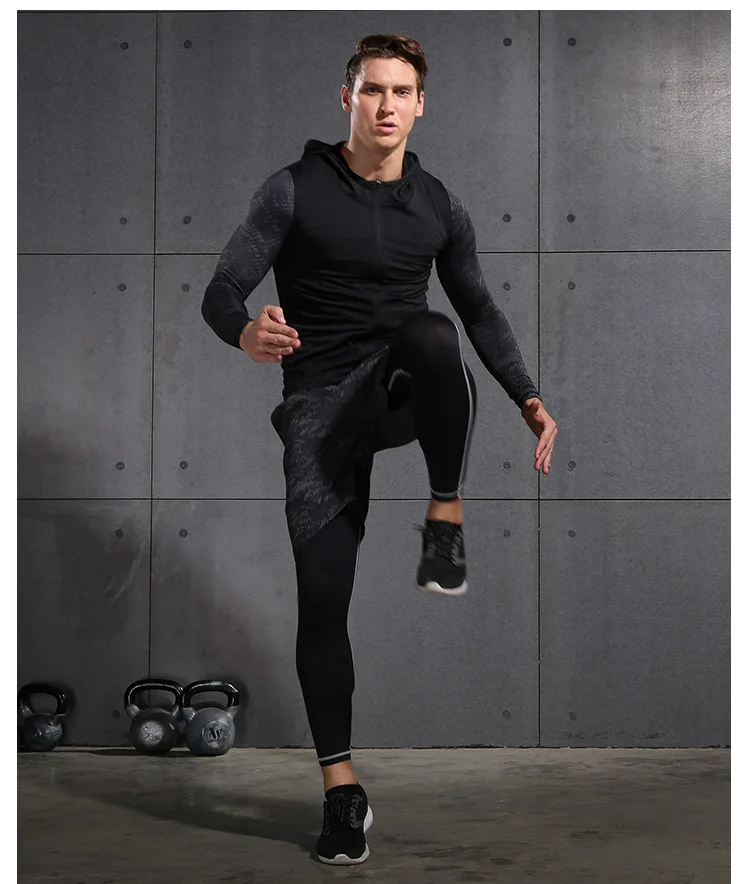 Зимние уличные быстросохнущие комплекты для бега, мужские Компрессионные спортивные костюмы для бега, баскетбола, трико, одежда для спортзала, фитнеса, спортивная одежда