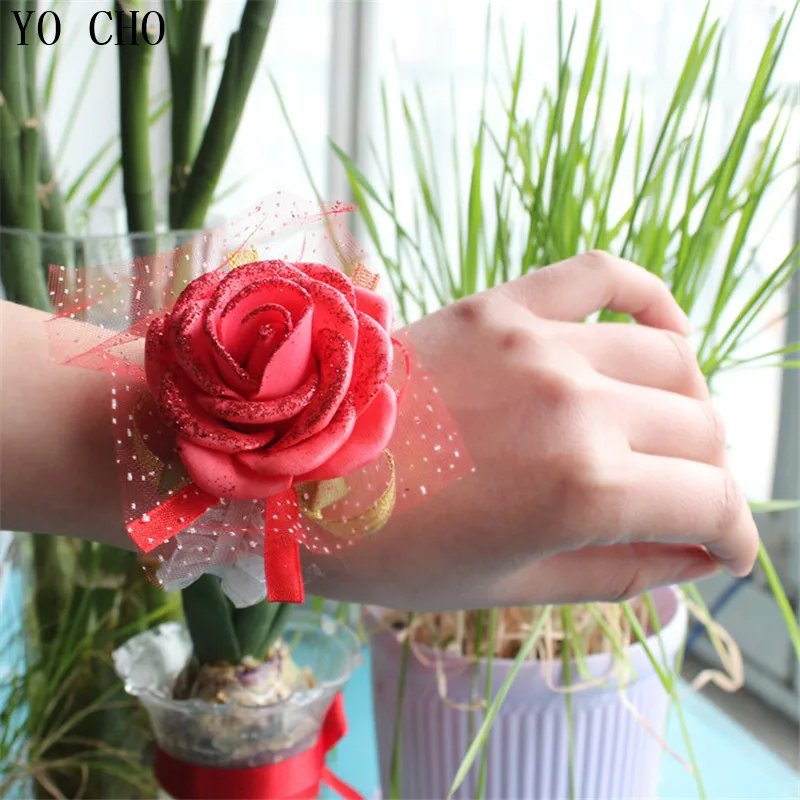 YO CHO moda ślubny kwiat róża akcesorium ślubne sprzyja stanik Groom boutonniere koronki PE Bridal druhna kwiat na nadgarstek
