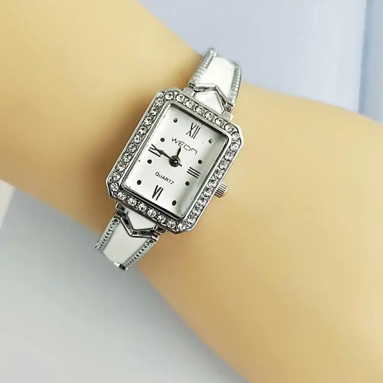 Модные женские часы-браслет прямоугольной формы с блестящими камнями, розовое золото, Элегантные наручные часы - Цвет: Silver White