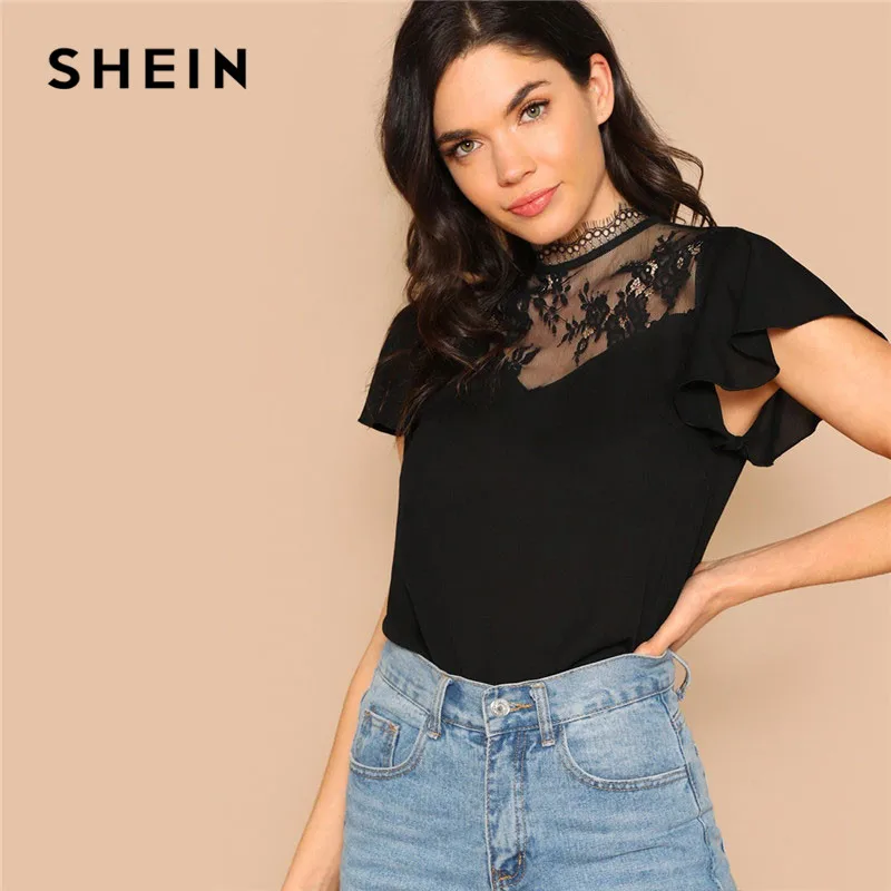 SHEIN Топ С Оригинальным Рукавом И Цветочной Кружевной Вставкой Нарядный Офисный