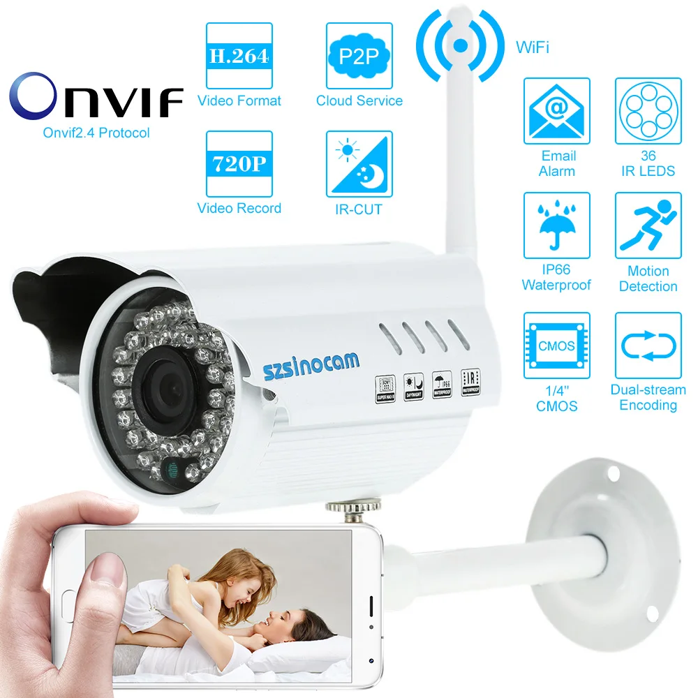 H.264 HD 720P Wireless Wifi IP Camera CCTV Security ONVIF P2P Waterproof Night Vision Motion Detection Home Surveillance Camera