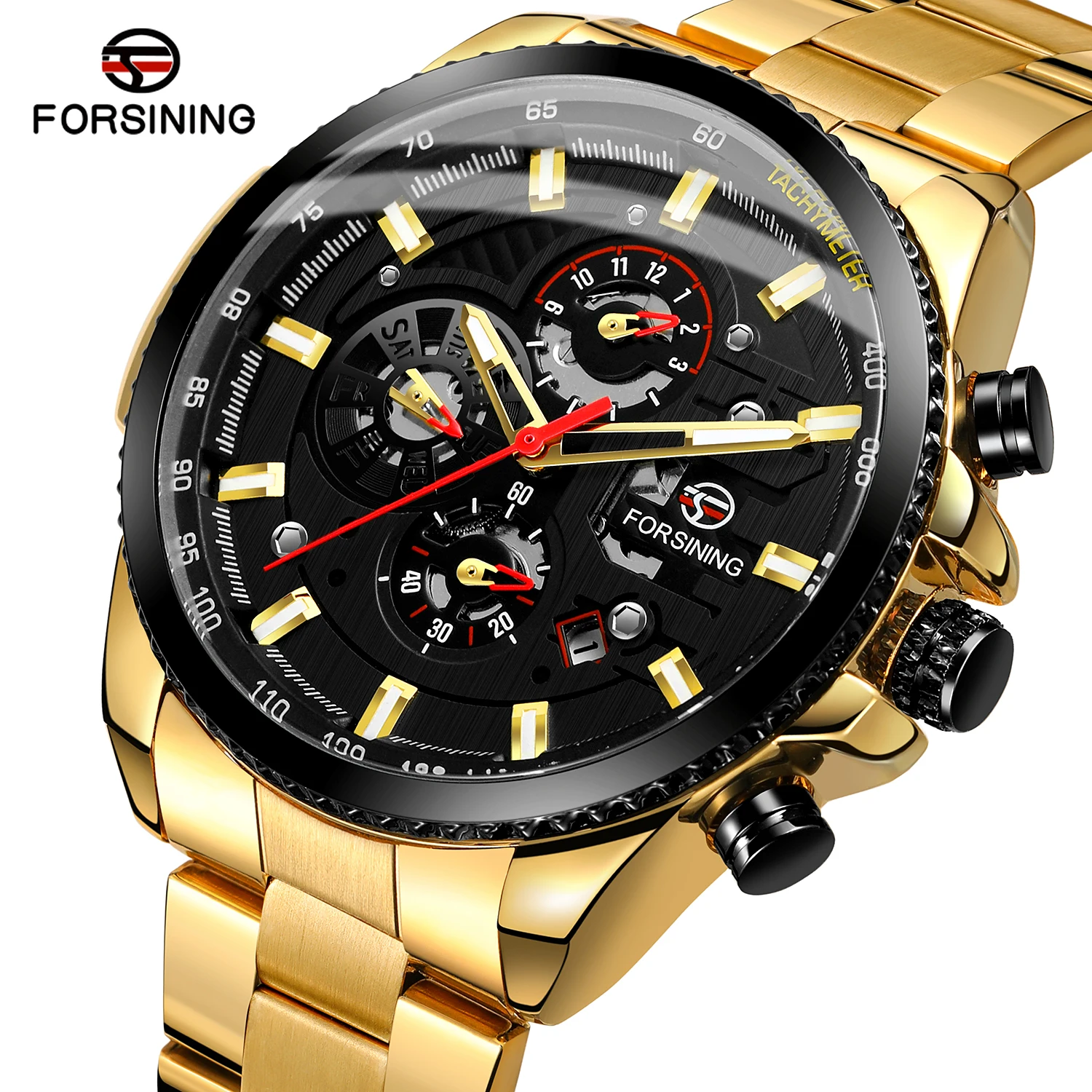 

Forsining Golden Stainless Steel 3 Dial Calendar Display Men Automatic Self-wind Mechanical Sport Wrist Watch