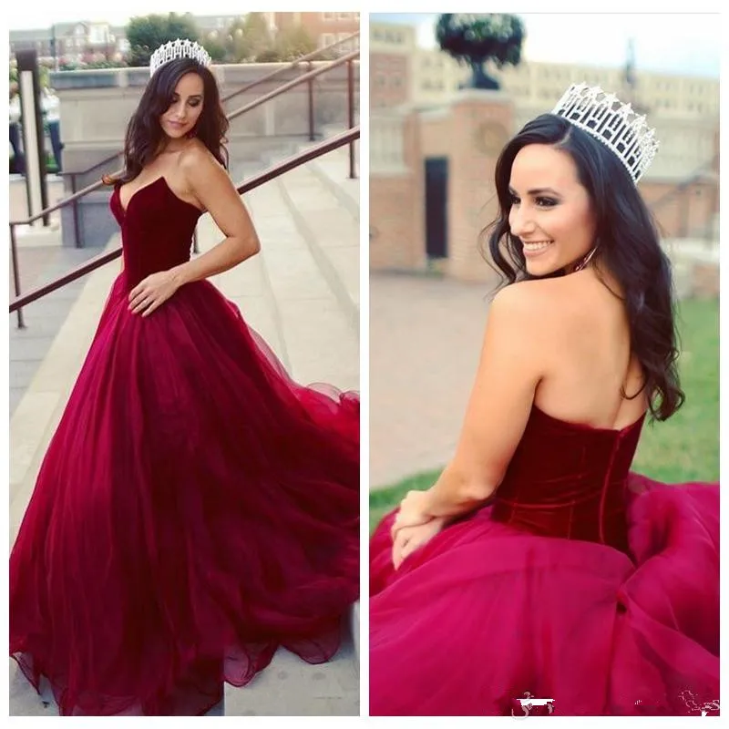

Gorgeous Burgundy Prom Dresses Long 2019 Sweetheart Velvet And Tulle Celebrity Evening Gowns Arabic Formal Wear Party Dress