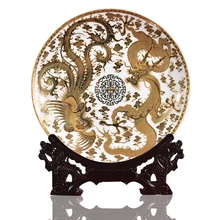 New Design Art Ceramic Ornamental Plate Golden Dragons Pheonix Plate Decoration Plate Wood Base Porcelain Plate Set Wedding Gift