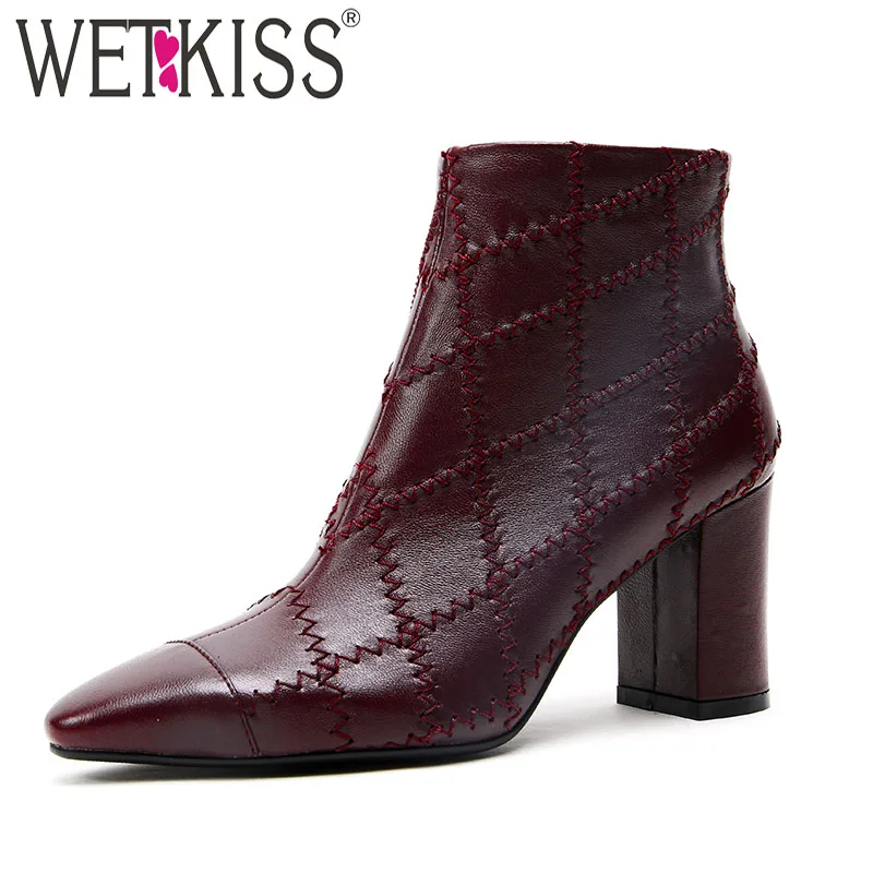 

WETKISS Genuine Leather High Heels Women Boots Zip Pointed Toe Print Footwear Party Female Ankle Boot Shoes Woman Winter 2018