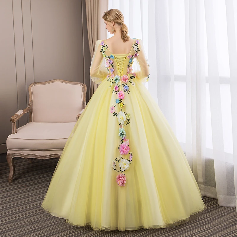 Trajes De Quinceaneras New Yellow V Neck Long Sleeve Quinceanera Dresses Lace Flower Plus Size Custom Made Prom Gown L