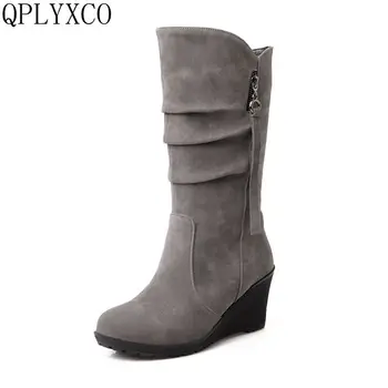 

QPLYXCO 2017 New big small Size 28-52 Mid-Calf Boots Winter Warm Short Plush Boots Women Wedges high Heels casual Shoes 188-2