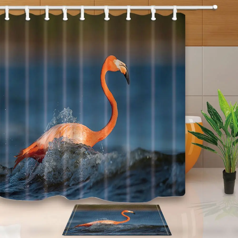 

Bird Decor Shower Curtain and Mat Set, Flamingo Playing in Water Bathroom Curtain