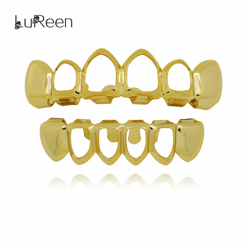 

LuReen Teeth GrillsTop & Bottom Hollow Out Gold Tooth Grills Dental Cosplay Vampire Teeth Caps Mouth Jewelry Party