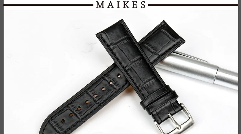 MAIKES 18 мм-24 мм ремешок для часов из натуральной кожи ремешок для часов черный с белым строчкой ремешок для часов LONGINES браслет