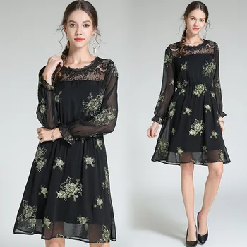 

New 2018 Spring autumn Fashion Ladies elegant chiffon dress Plus Size Embroidery A-line dress casual vestidos roupas M-XXXXXL5XL