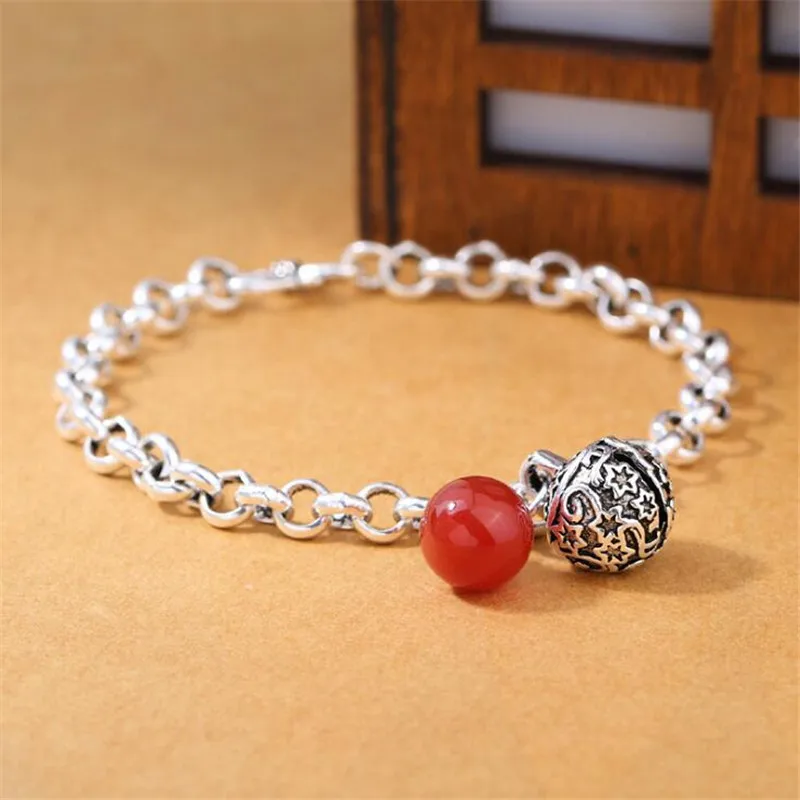 

Vintage Silver 925 Jewelry Bracelet Fashion 925 Sterling Silver Bells Red Onyx Bracelets & Bangles For Women Lady Gift B054