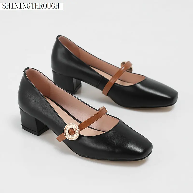 

Genuine leather Women shoes low square heels ladies dress party shoes women pumps 2019 new spring summer shoes