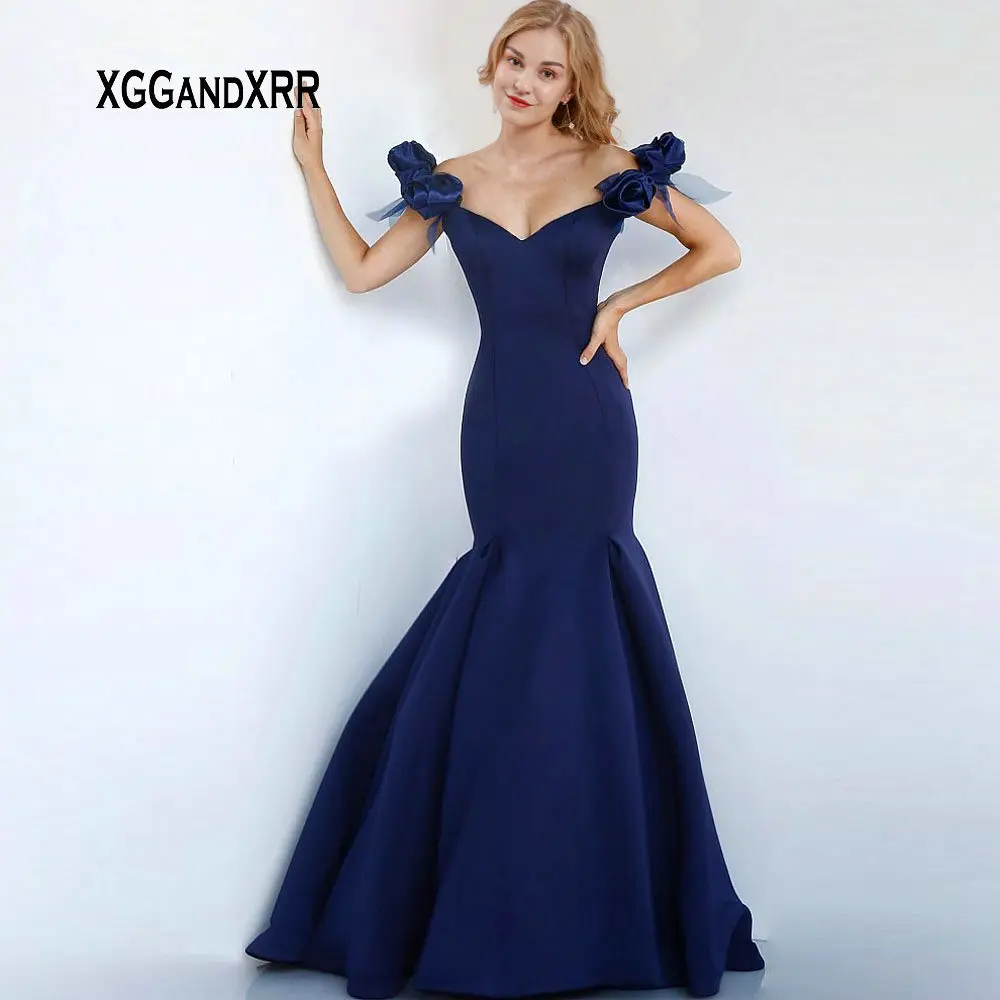 

Navy Blue Mermaid Prom Dress 2019 Bow Shoulder Sweep Train Long Elegant Evening Dresses Sexy Backless Woman Formal Party Gown