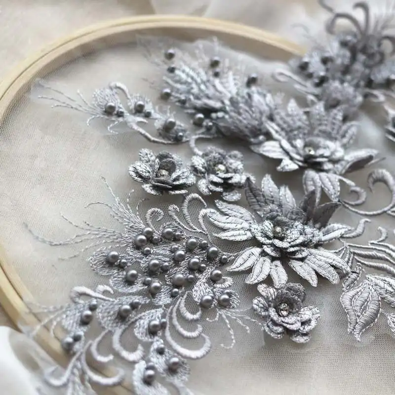 

1 Pcs 3D Flowers Lace Applique - Beaded and Embroidered Applique with Rhinestone - 12 Colors