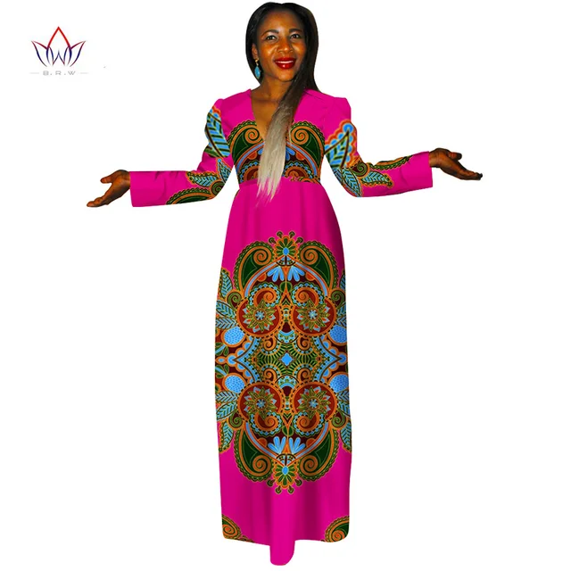 2017 Fashion Africa Print women summer Long Sleeve maxi dress plus size ...