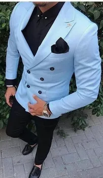 

Latest Coat Pant Designs Casual Gentleman Double Breasted Men Suits Sky Blue Jacket Beach Wedding Suits Mens Groom Tuxedos