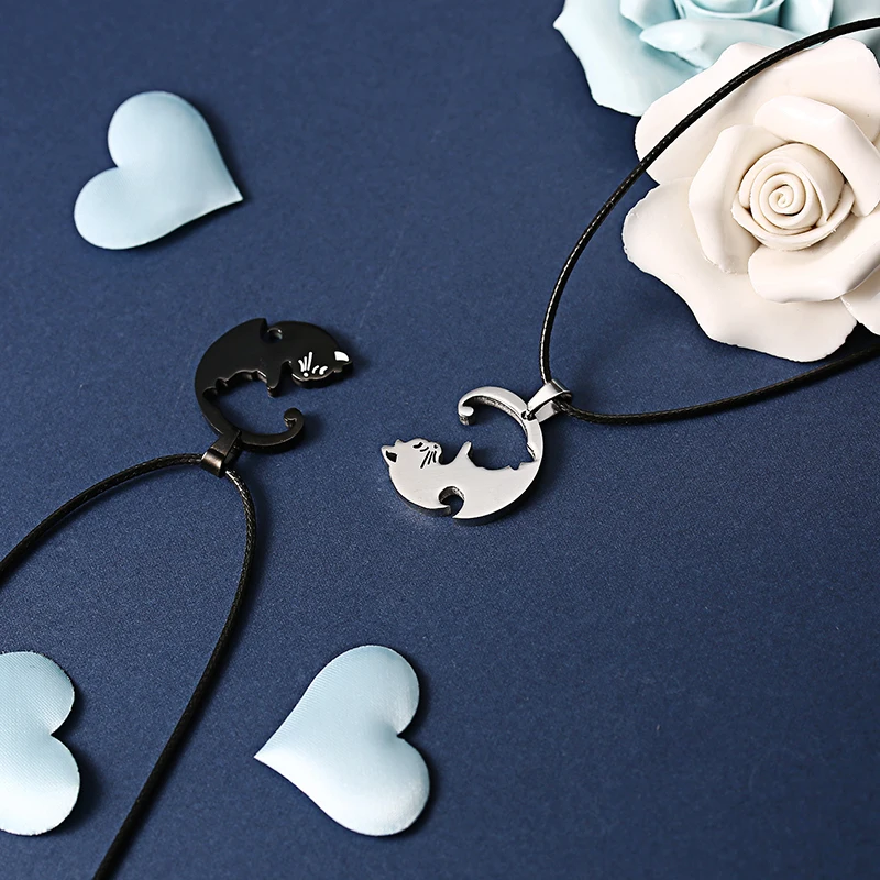 

Fashion 2 PCS/set Lovers Necklace Jewelry Yin Yang Tai Chi Cat Pendant Couples Necklaces&Pendants Unisex Best Friends Gift