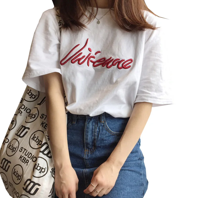 Red Letters Print Casual T shirt Summer O neck Women Top White Short ...