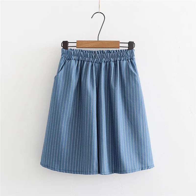 

Summer 2019 Thin Denim Striped Five-minute Shorts Korean Version Loose High Waist Casual Wide-legged Student Japan Skirt Shorts