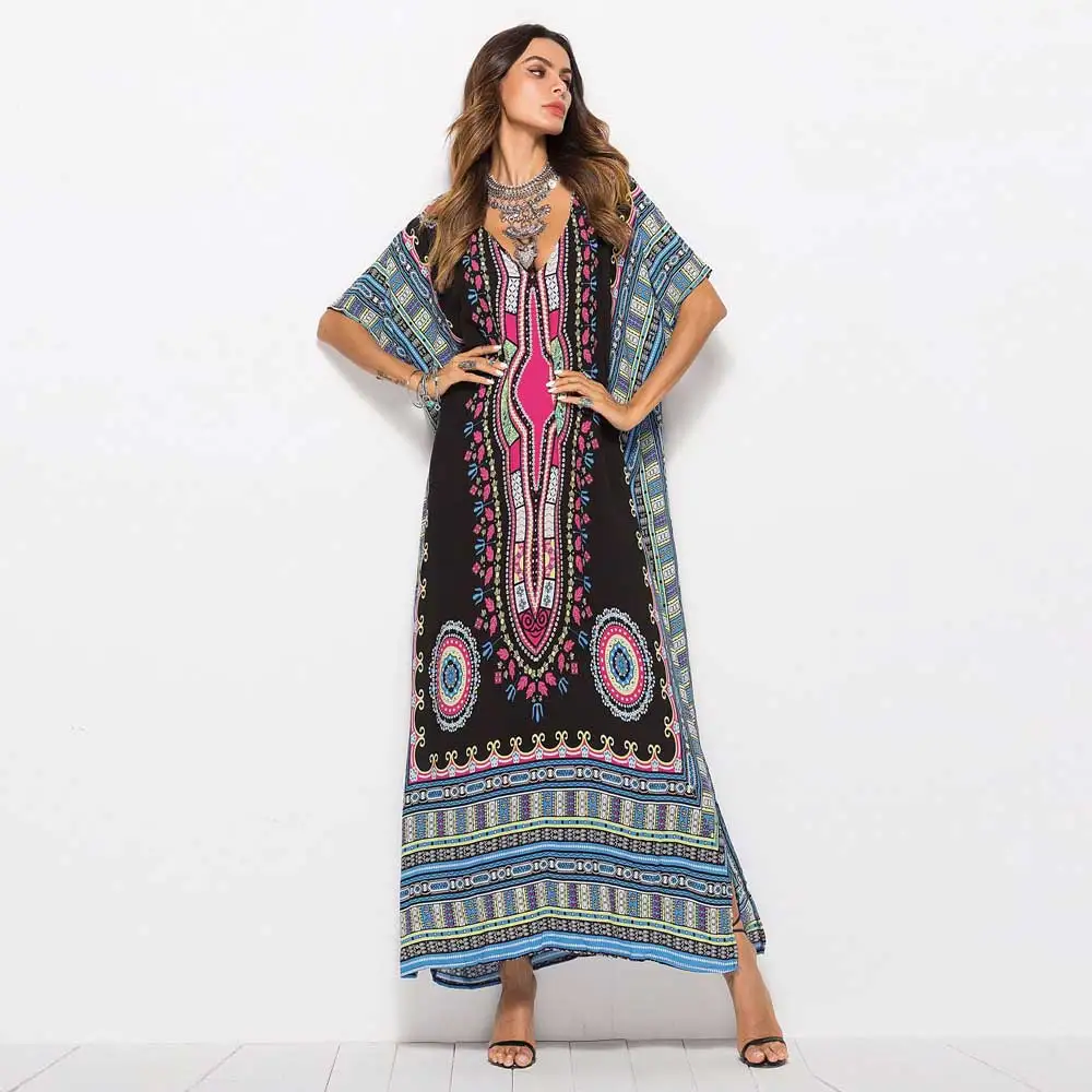 Летнее богемное Женское Платье макси с рукавами «летучая мышь» марокканское Кафтан Дубай Марокканский Арабский халат Kanga одежда VKDR1662 - Цвет: Черный