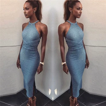 

Summer 2019 Sexy Halter Backless Cross Bandage Long Dress Off Shoulder Split Bodycon Knitted Dress Sleeveless Slim Women Dresses