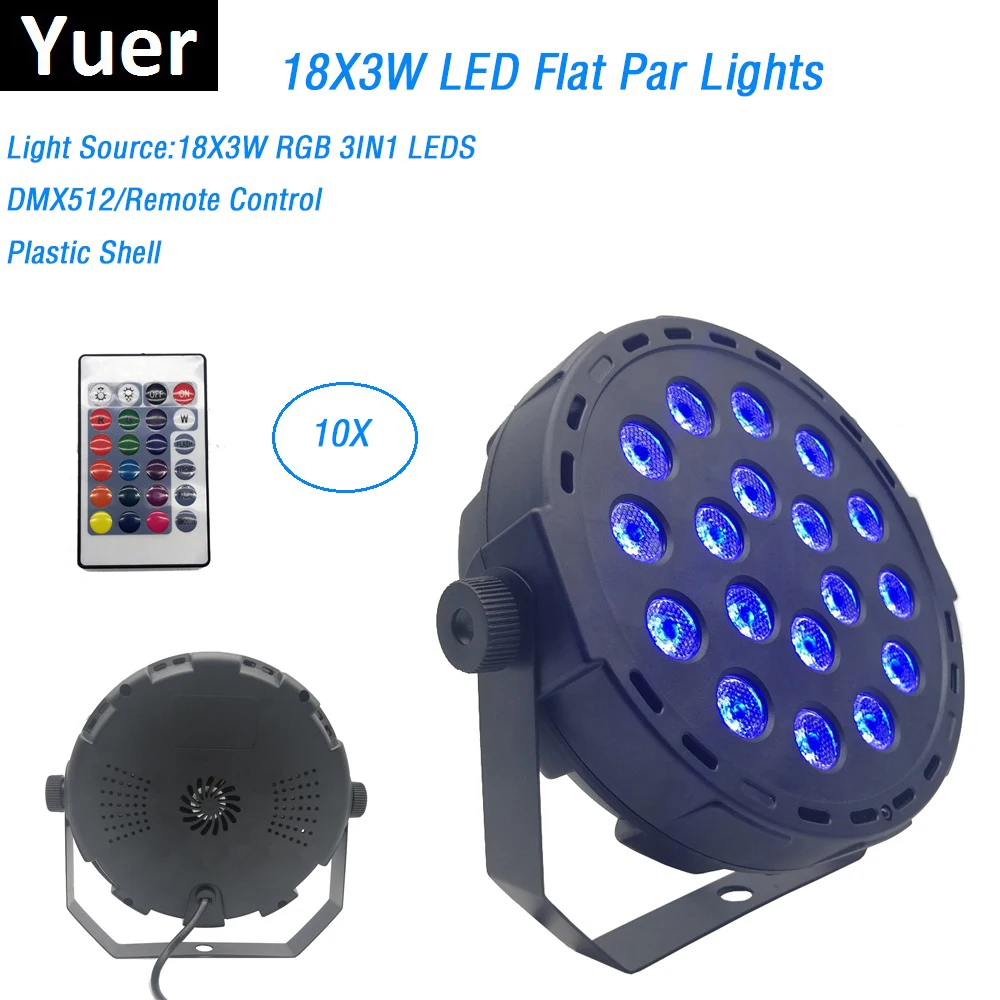 10Pcs LED Par 18X3W RGB 3IN1 LED Flat Par Lights DMX Dj Wash Effect Lights For Club Disco Sound Activated Disco Ball Stage Light