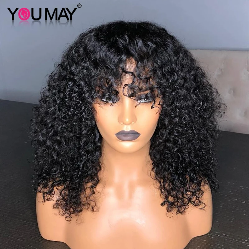 Online Pelucas de pelo humano rizadas brasileñas de 250% densidad con flequillo pelucas frontales de encaje 13x6 Bob para mujeres pelucas de encaje 360 con flequillo que puedes Remy