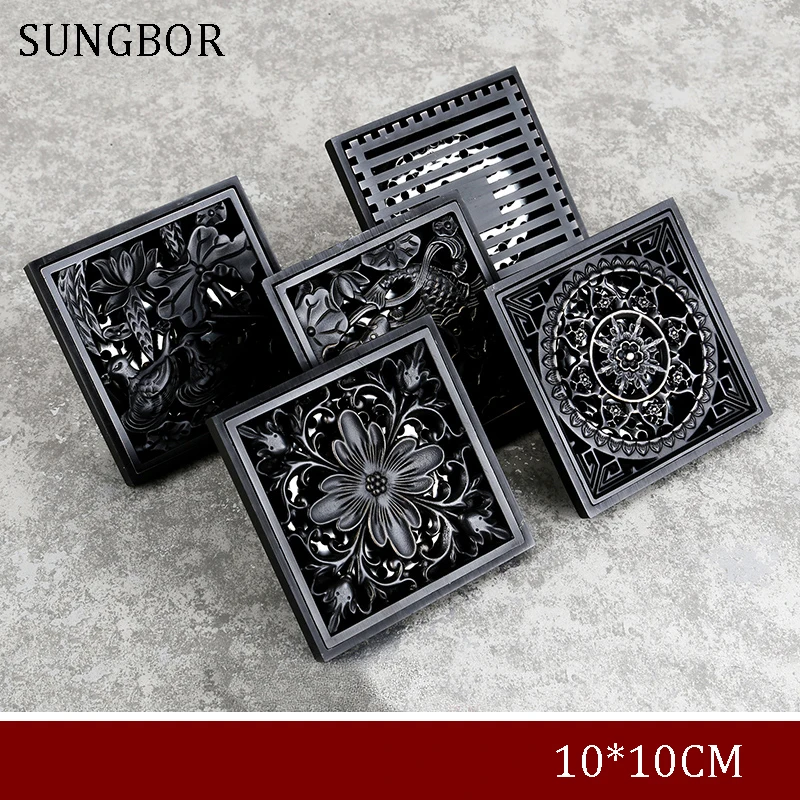 

10*10cm Vintage Artistic black Brass Bathroom Square Shower Floor Drain Trap Waste Grate With Hair Strainer anti smelly drains