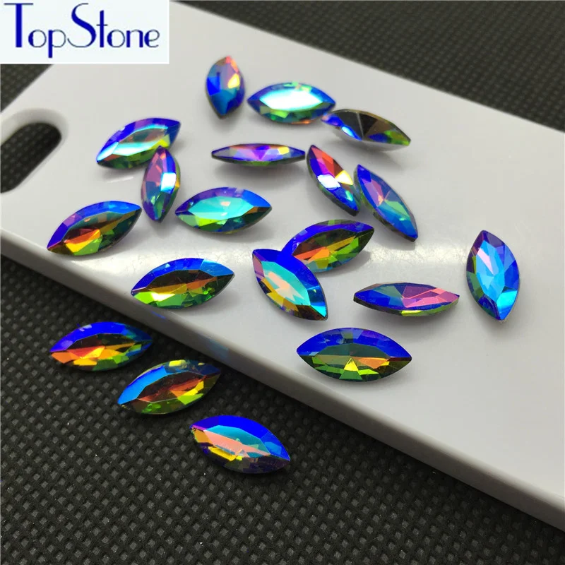 

Rainbow AB Glass Crystal Navette Rhinestones 10X5,15x4,18x9,15x7,27x13,32x17,35x10,48x13mm Pointed Back Marquise Stone Dress