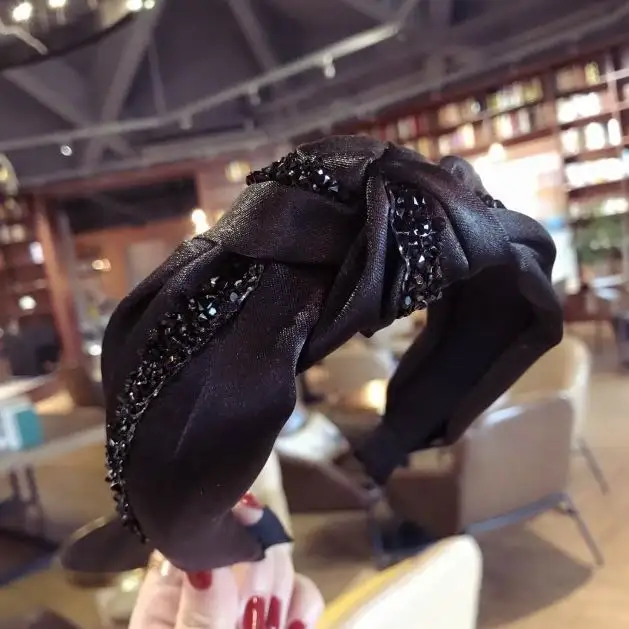 Корейский стиль черная ткань завязанный крест галстук широкие обручи для волос для женщин модные аксессуары для волос бисер резинки для волос, резинки - Цвет: black crystal