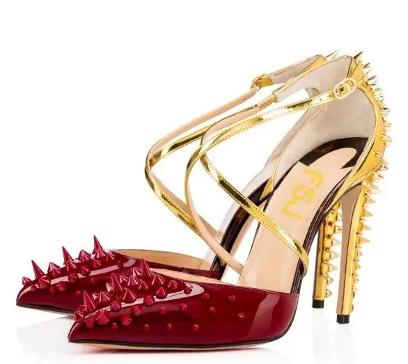 

Moraima Snc Red and Gold Stiletto Heels Cross-over Strap Closed Toe Sandals with Rivets Sexy Thin Heels Dress Shoes