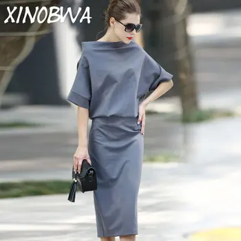 

Europe New Women's High Street Fashion Slash Neck Bat Sleeve Loose Dress Female Plus Size Elegant Formal OL Split Asos Dresse