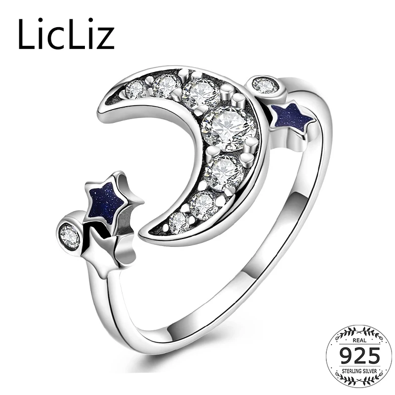 LicLiz модные 925 пробы Silver Moon запонки со звездой кольцо для Для женщин пентаграмма Фианит, циркон, Кристалл Jewelry открытое регулируемое кольцо