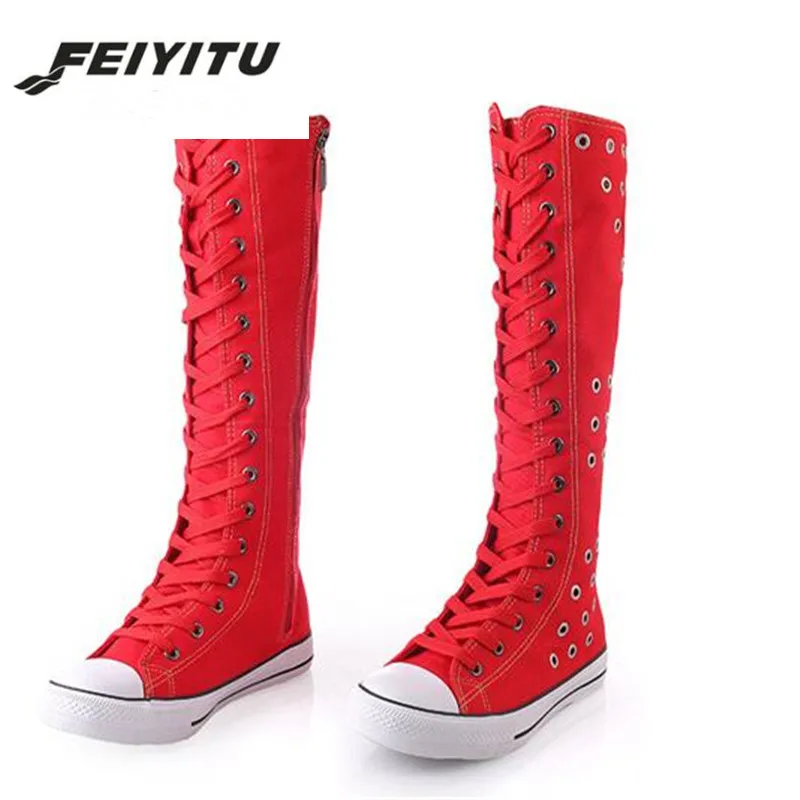 Feiyitu النساء الأحذية الركبة عالية المصفقين الرقص الأحذية الجانب البريدي قماش عرق Absorbant عبر تعادل الهواء حفرة الجوف كبير حجم 35-43