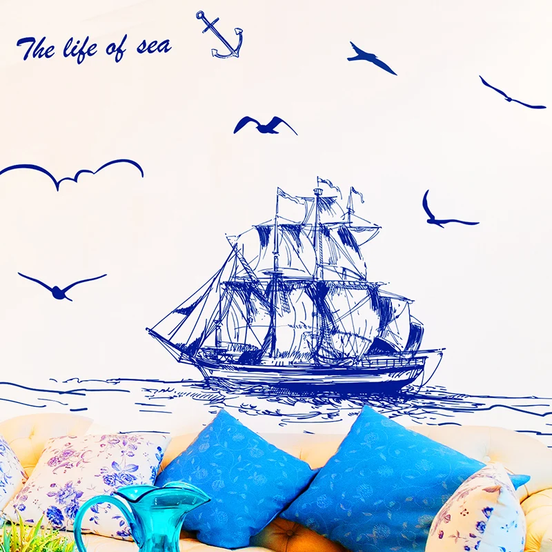

[SHIJUEHEZI] Dark Blue Color Sailing Boat Birds Wall Sticker PVC Material DIY Mural Decals for Living Room Bedroom Decoration