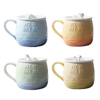 

Ceramic Cartoon Design Tea Cup Creative Animal Shape Milk Mug Colorful Drinkware Lovely Octopus Cup With Lid Scoop 2pcs/set
