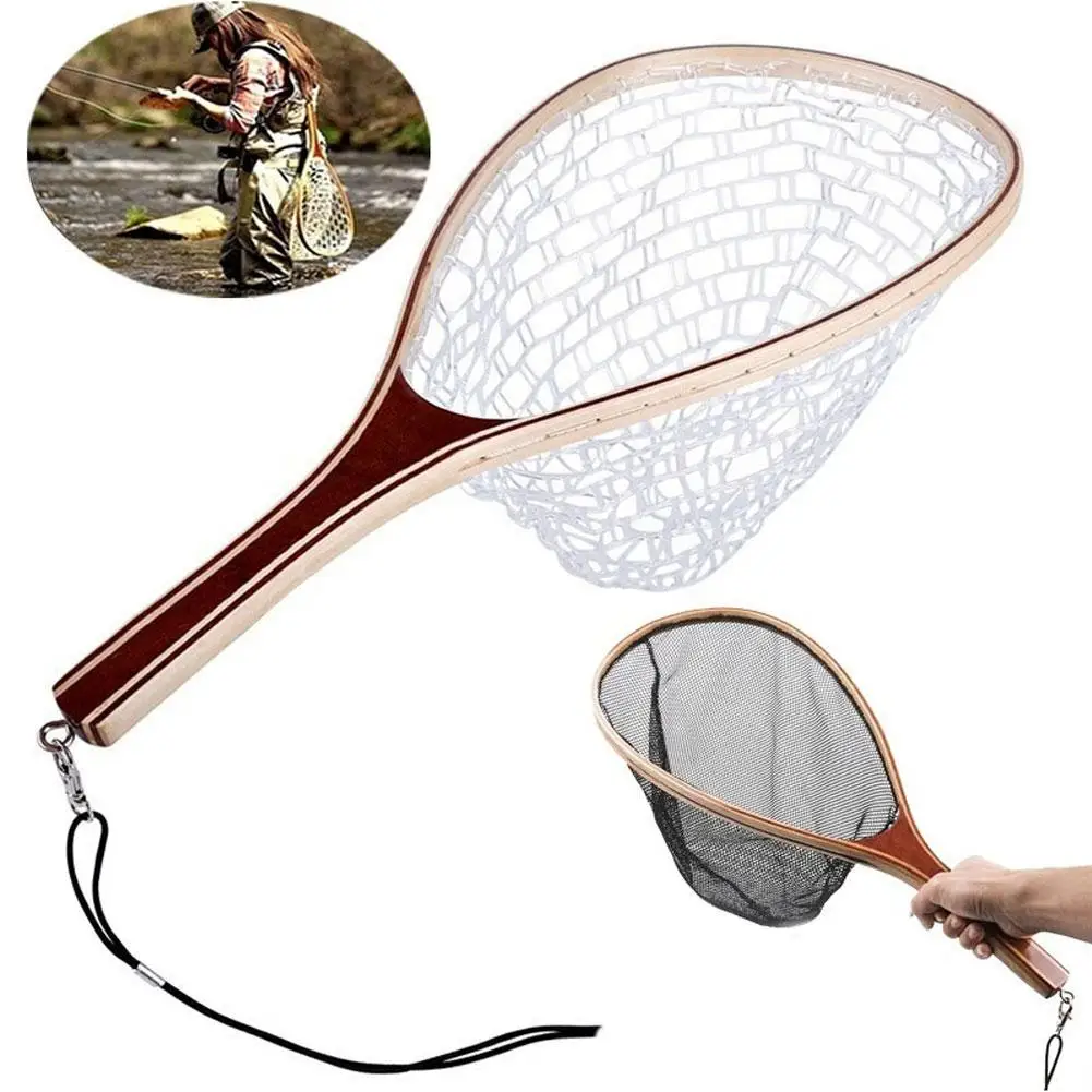 

HOT Wooden Handle Rubber/Nylon Mesh Fly Fishing Landing Net Catch Release Scoop
