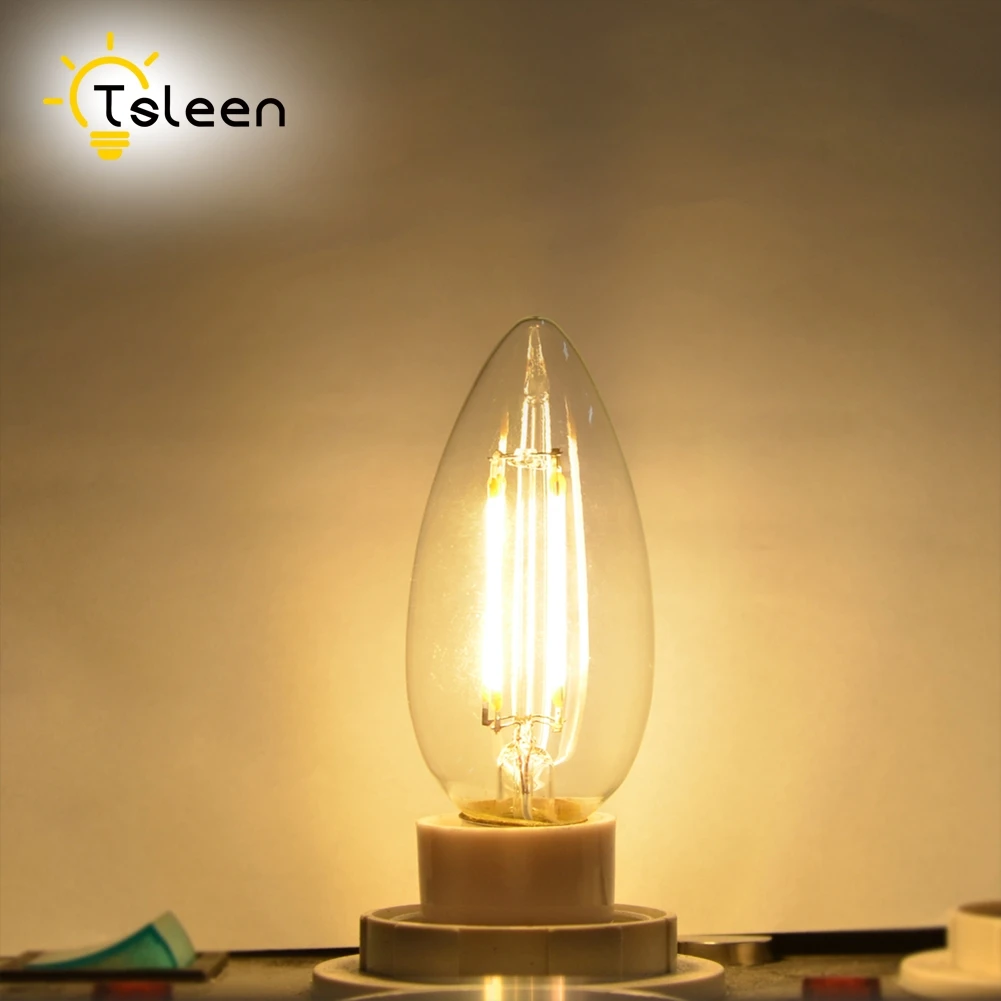 TSLEEN 6Pcs Dimmable Edison E14 LED Glass Housing Bulb C35 Candle Light E12 Filament Led Lamp 8W 110V 220V Replace Incandescent