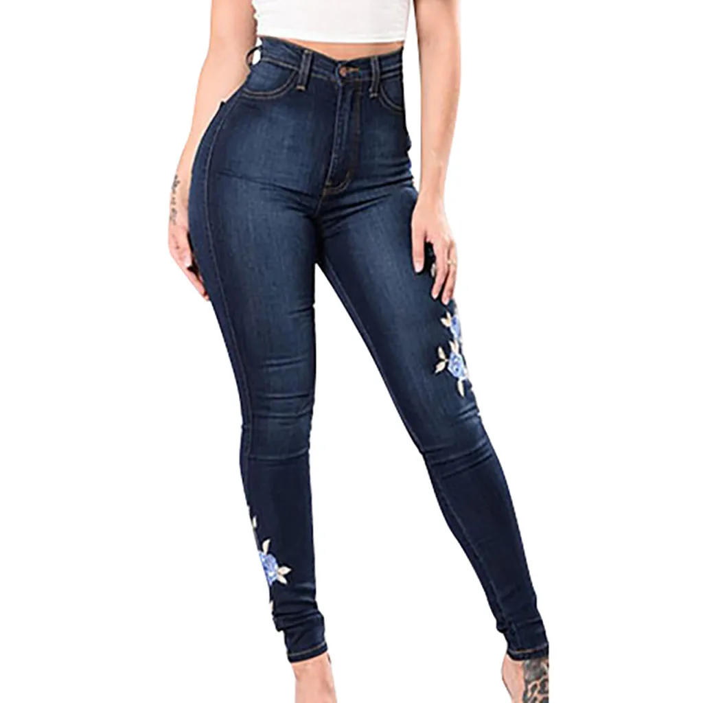 

Fashion Women Embroidered Button Pocket High Waist Denim Pants Skinny Slim Jeans denim pants plus size jeans aug 20