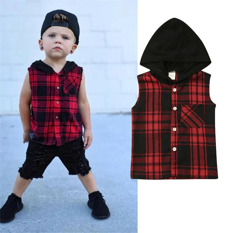 

Kids Toddler Child Baby Boy Summer Casual Sleeveless Hooded Clothes Red Plaid Cotton Shirts Top Pocket Button