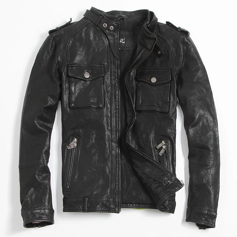 Черная мужская куртка из натуральной кожи, модная мотоциклетная байкерская куртка со стоячим воротником, зимние пальто из козьей кожи растительного дубления
