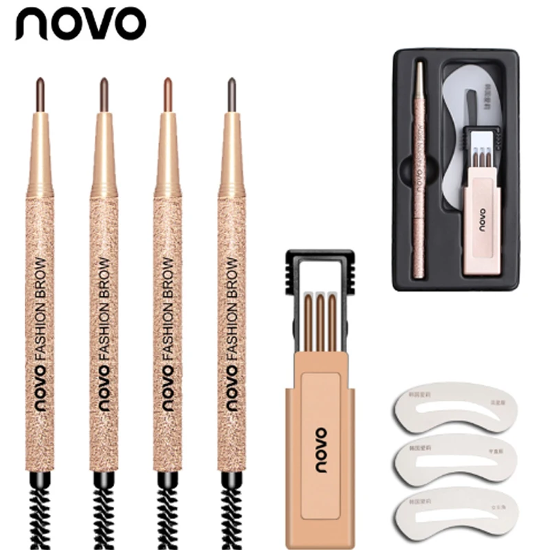 NOVO брендовый двойной концевой тонкий формирующий карандаш для бровей Макияж костюм 3 шт. брови для глаз+ 3 шт. запасной шаблон прочный водонепроницаемый