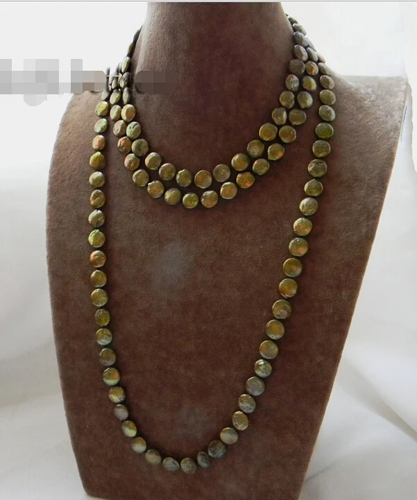 

shipping 60'' 10mm Green Coin Freshwater Pearl Necklace