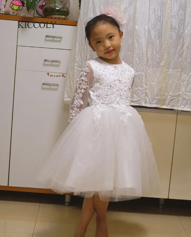 

2017 White Elegant Girl Lace Wedding Dress Princess Birthday Dress Handmade Embroidered Bead 7 Sleeve TuTu Dress For kid 1T-12T