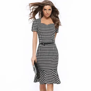 

2019 Spring and Summer New Fashion Houndstooth Slim Pack Hip fishtail Dress Woven Short Sleeve Explosion Models