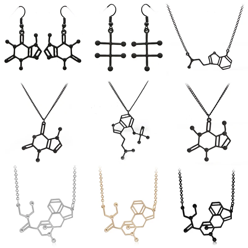 

1 PC Dopamine Molecule Necklace Chemical Formula Necklace Fashion Women Black Silver Gold THC Structure Formula Pendant Necklace